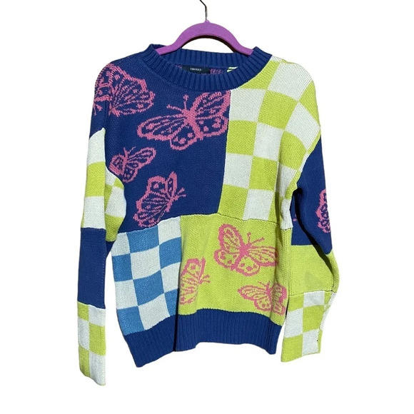 Forever 21 Butterfly‎ Checkered Sweater Blue Green Pink Size Medium - Picture 1 of 4